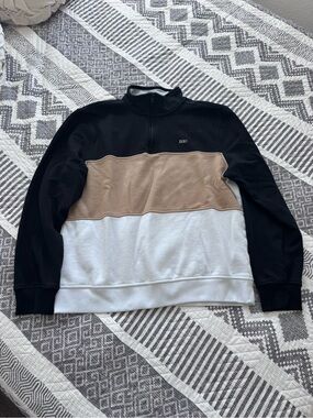 DKNY Colorblock Quarter Zip Pullover Sweatshirt Black Tan Large